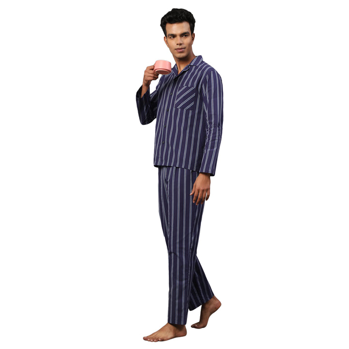 Cotton Nighwear for Men - Navy Blue Chalk Stripes