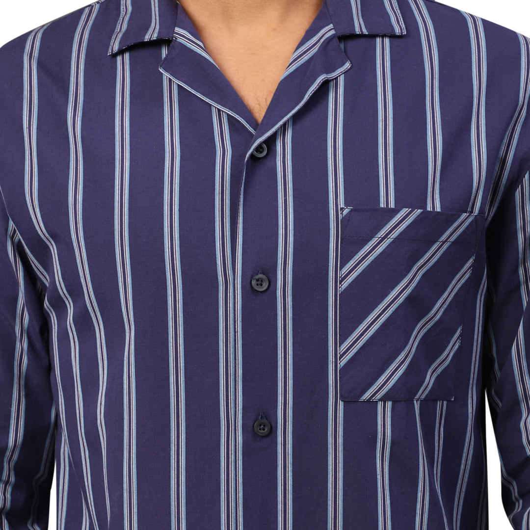Cotton Nighwear for Men - Navy Blue Chalk Stripes