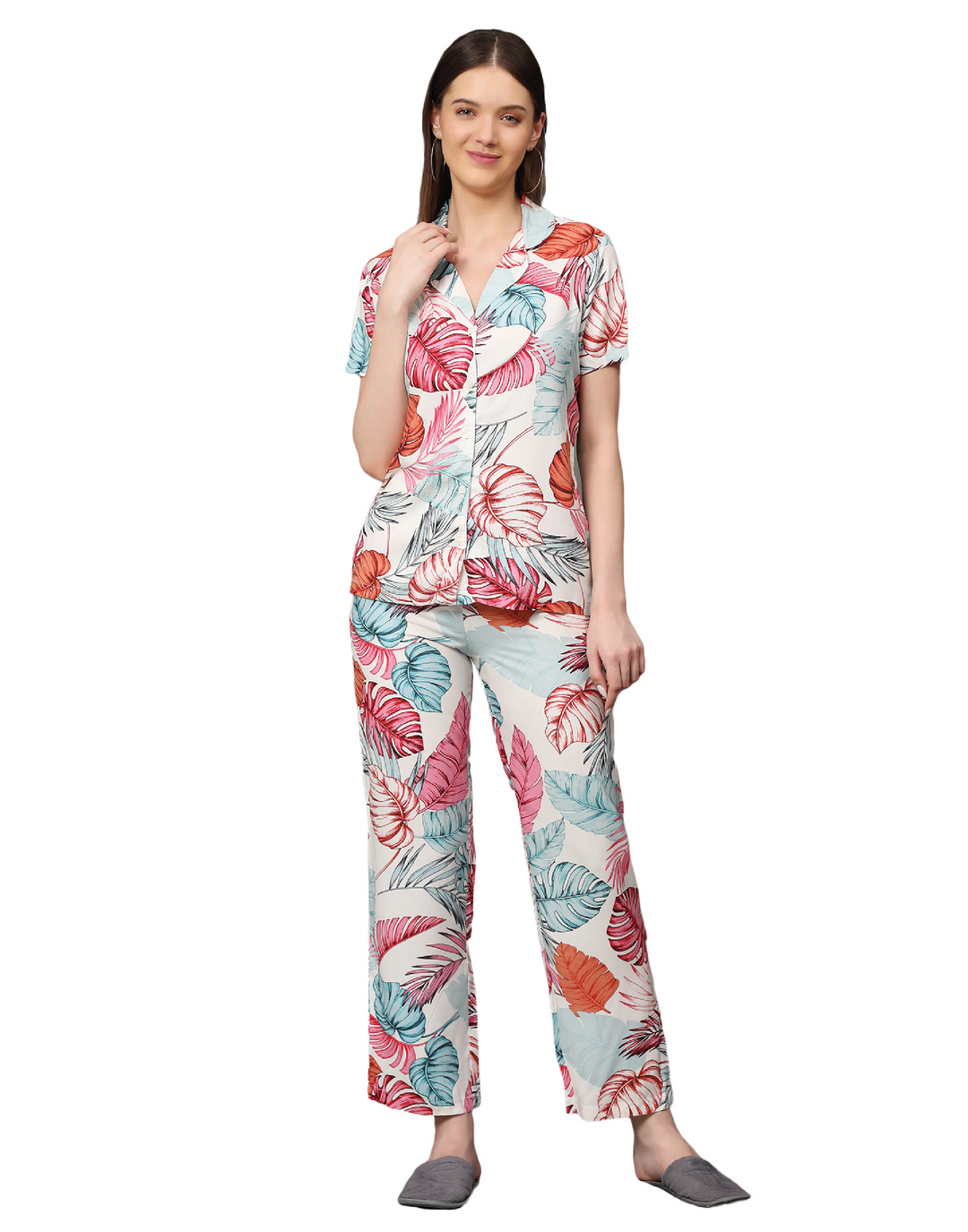 Nightwear Set - Pink Tropical Leaf Print