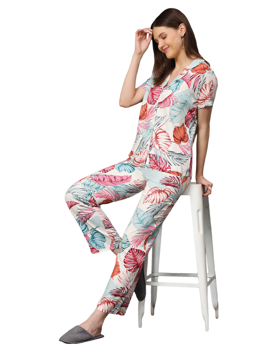 Nightwear Set - Pink Tropical Leaf Print