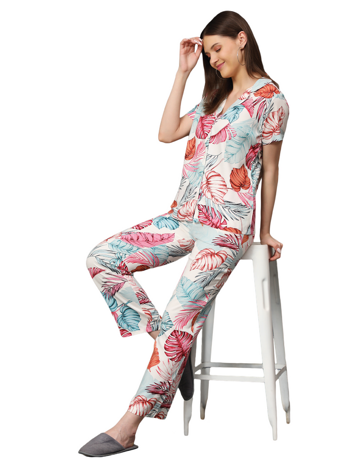 Nightwear Set - Pink Tropical Leaf Print
