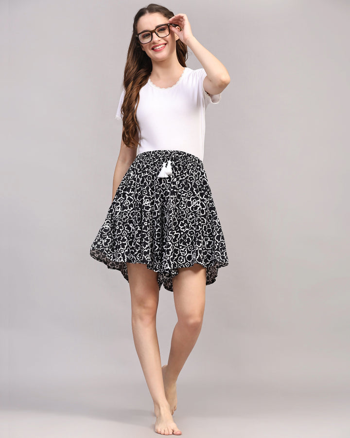 Viscose Culotte Shorts - Black Floral Print