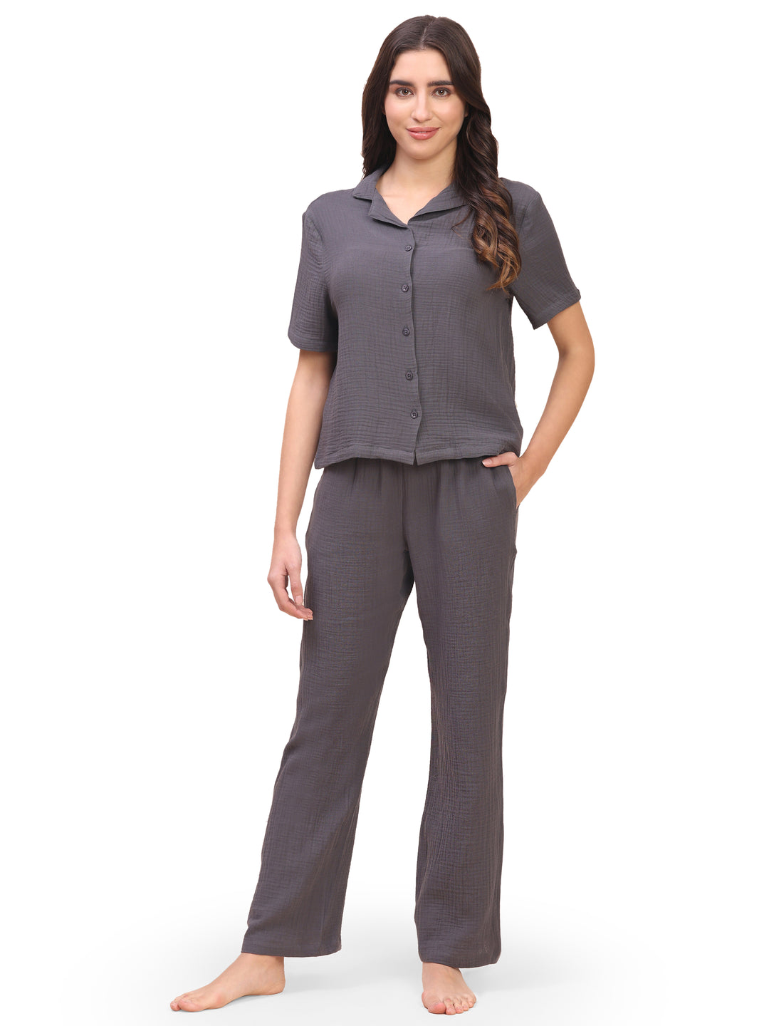 Women cotton night suit with half sleeve top and pajama pants
