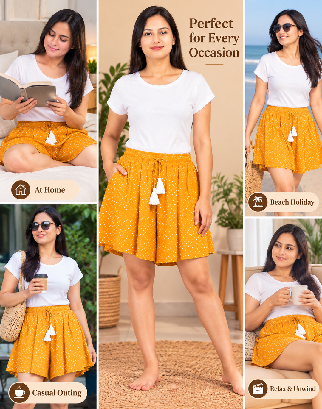 Women's Printed Flared Lounge & Beach Shorts with Pockets - Mustard Spot Print