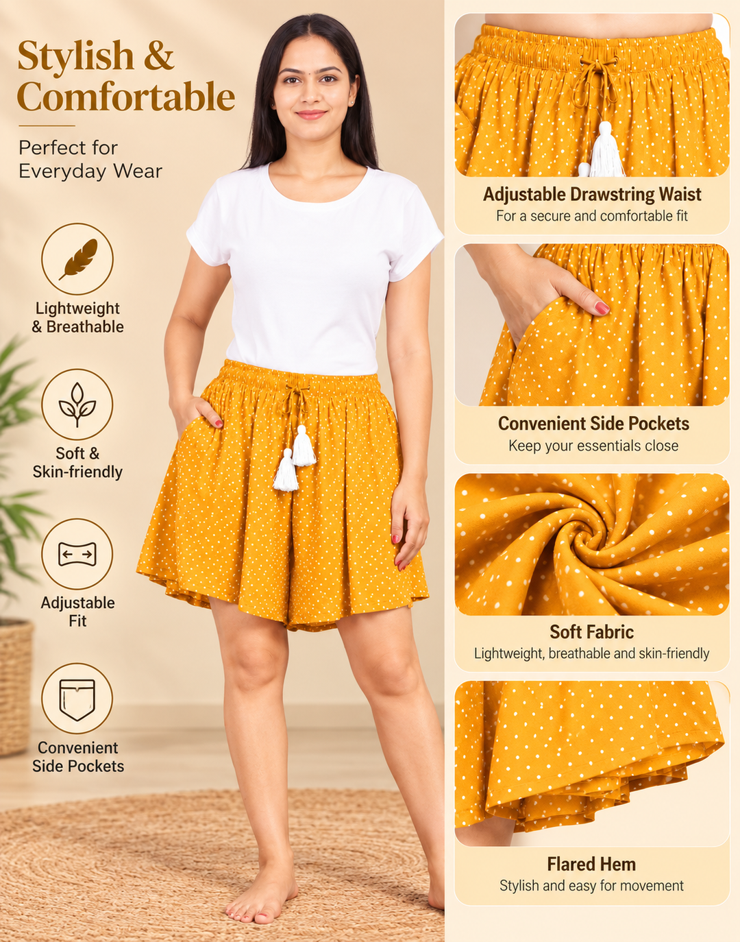 Women's Printed Flared Lounge & Beach Shorts with Pockets - Mustard Spot Print