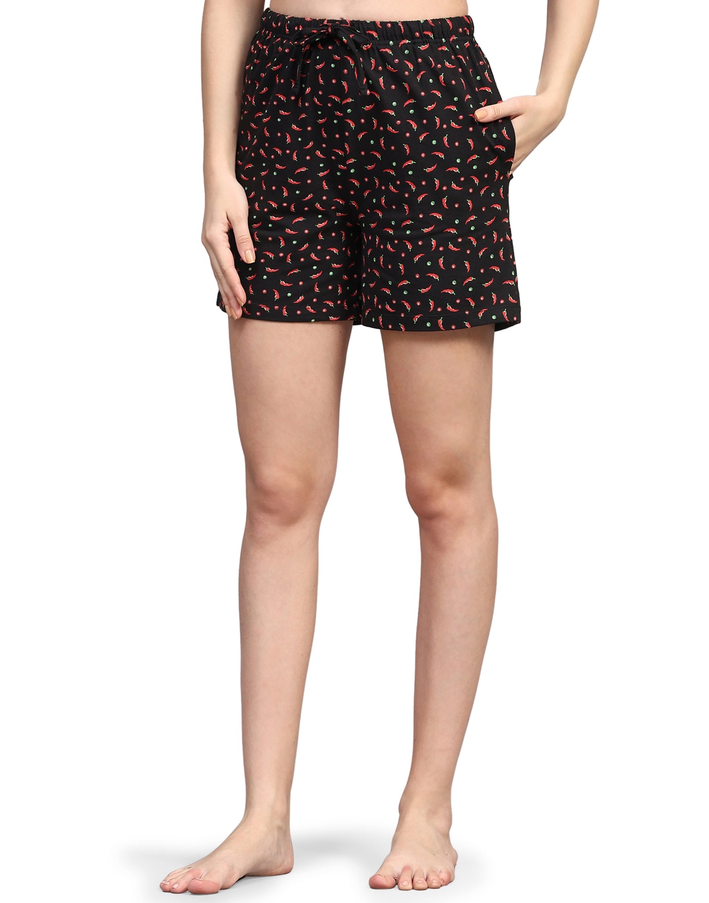 Night Suit Shorty Set for Women-Black Base Red Chilli Print