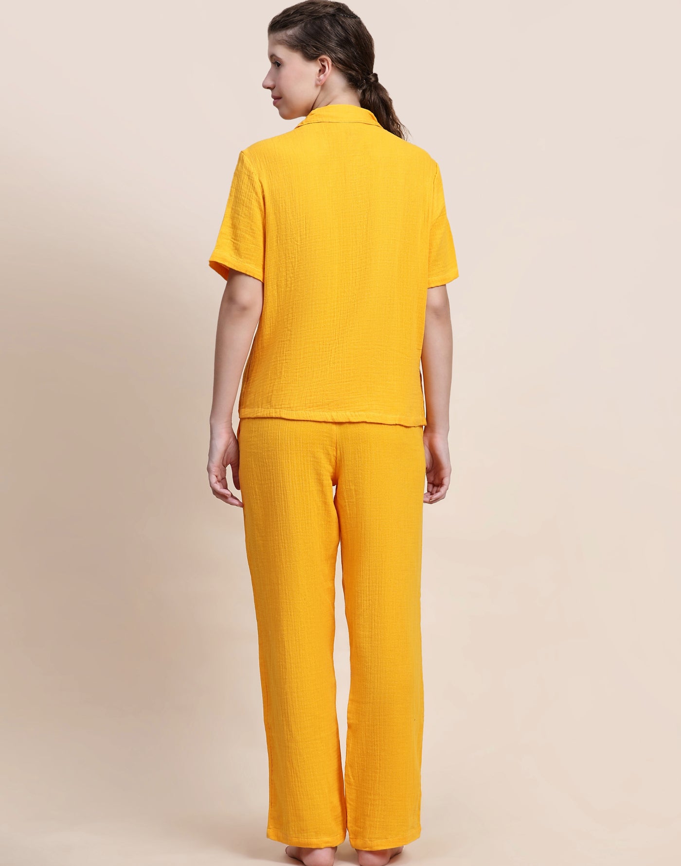 Night Suit Set for Women-Yellow Solid