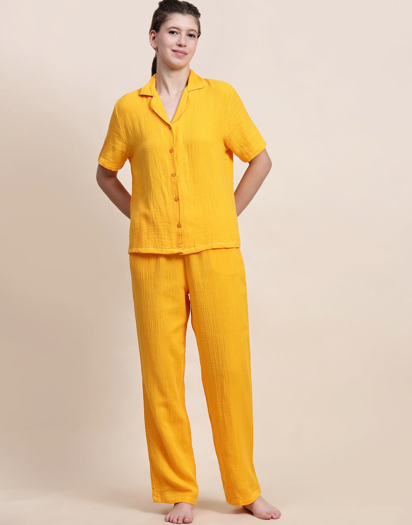 Night Suit Set for Women-Yellow Solid