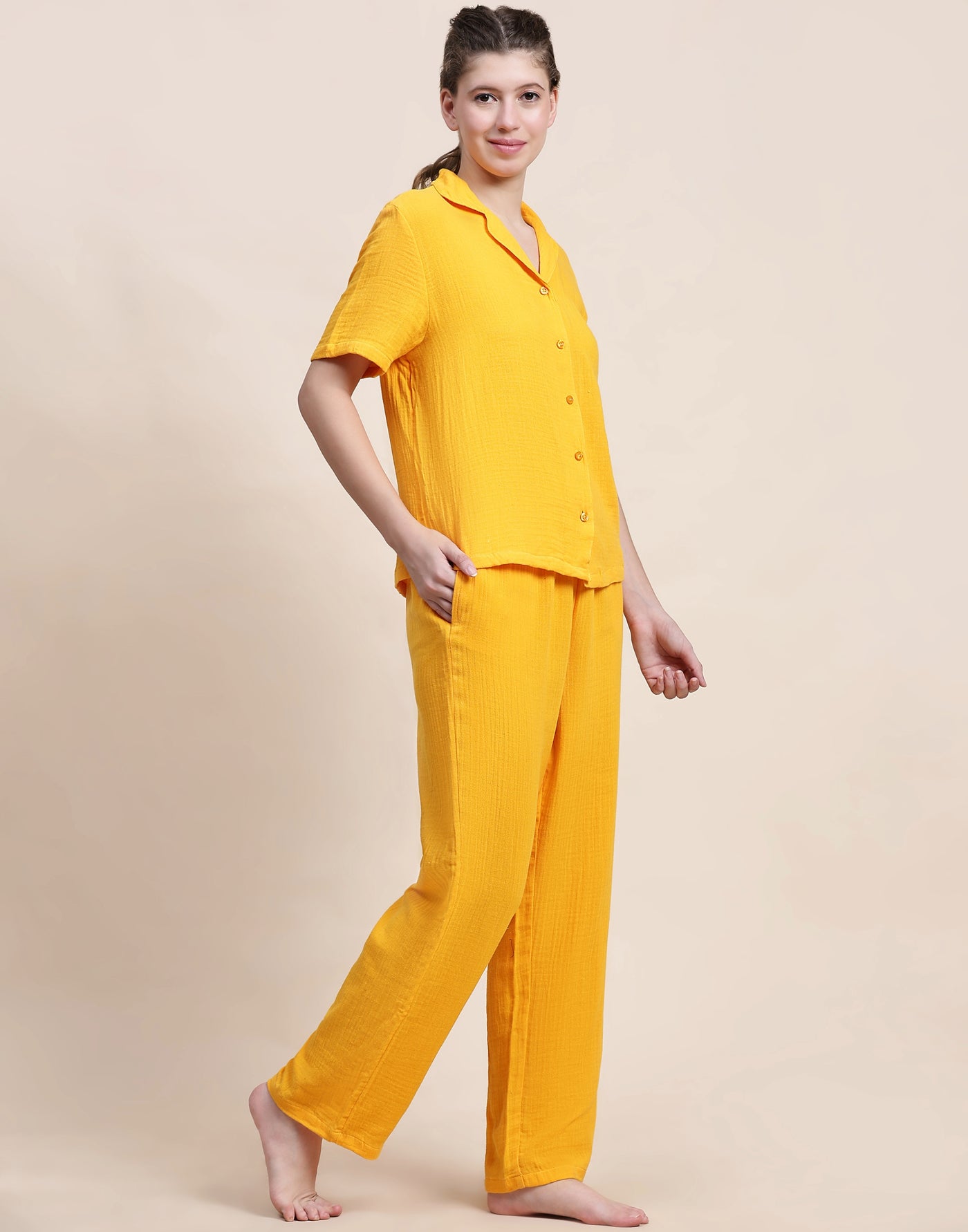 Night Suit Set for Women-Yellow Solid