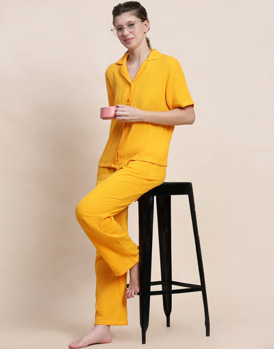 Night Suit Set for Women-Yellow Solid