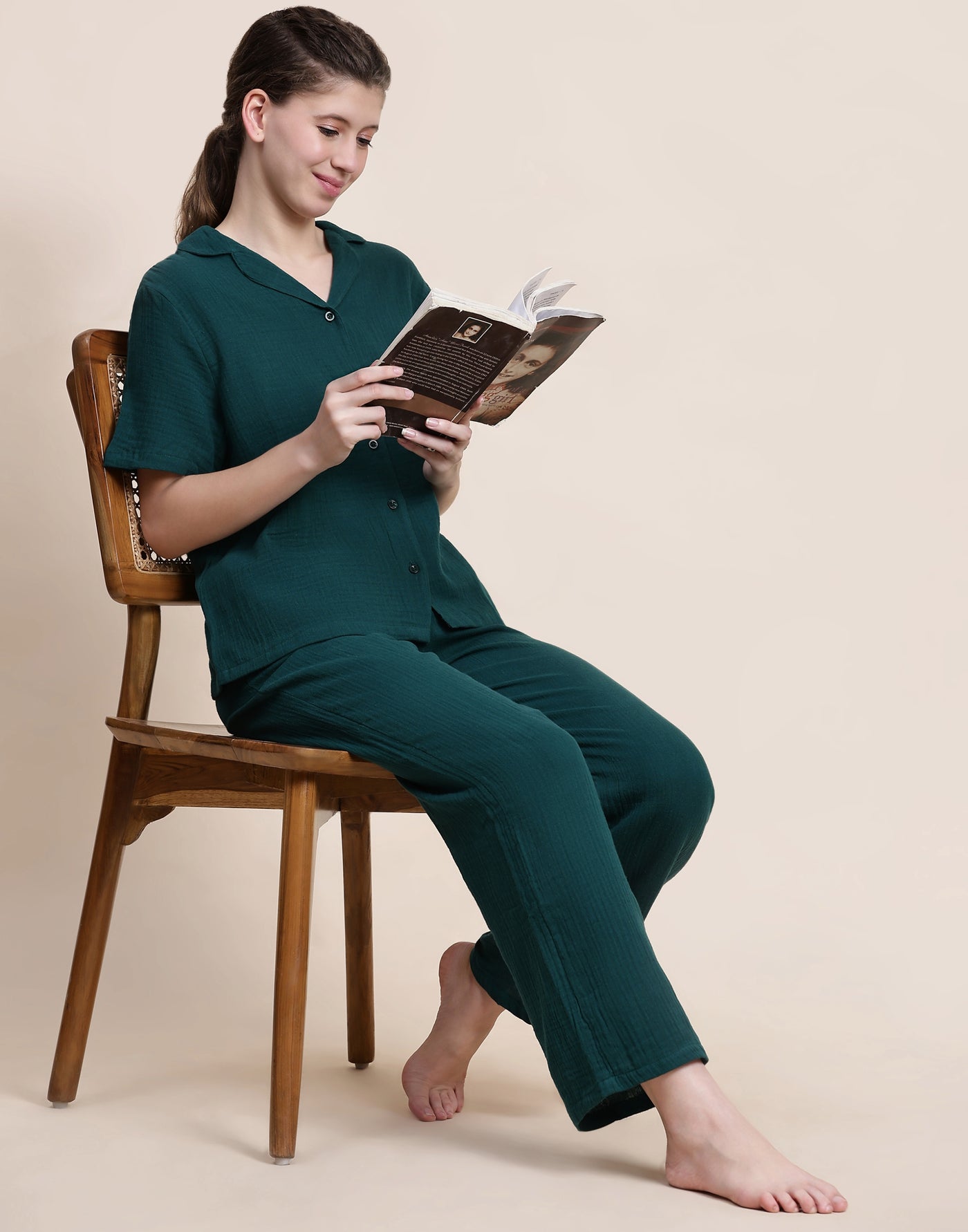 Night Suit Set for Women-Green Solid