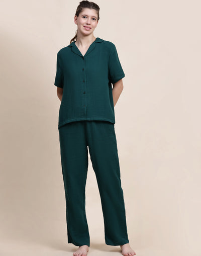 Night Suit Set for Women-Green Solid