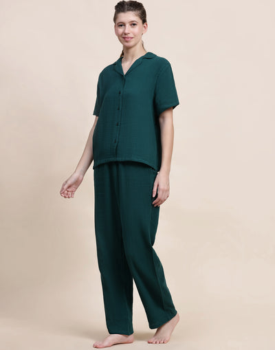 Night Suit Set for Women-Green Solid