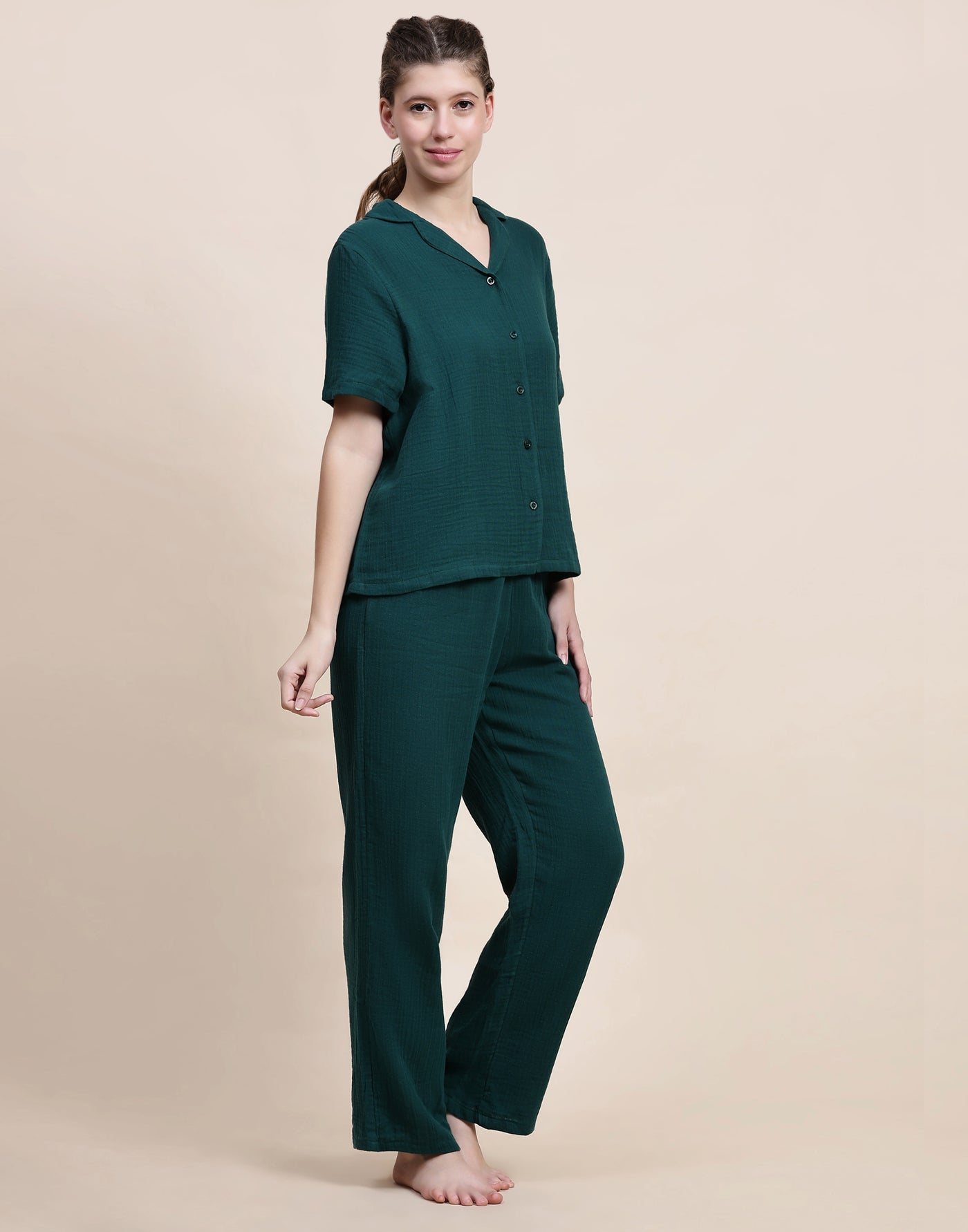 Night Suit Set for Women-Green Solid