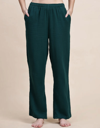 Night Suit Set for Women-Green Solid