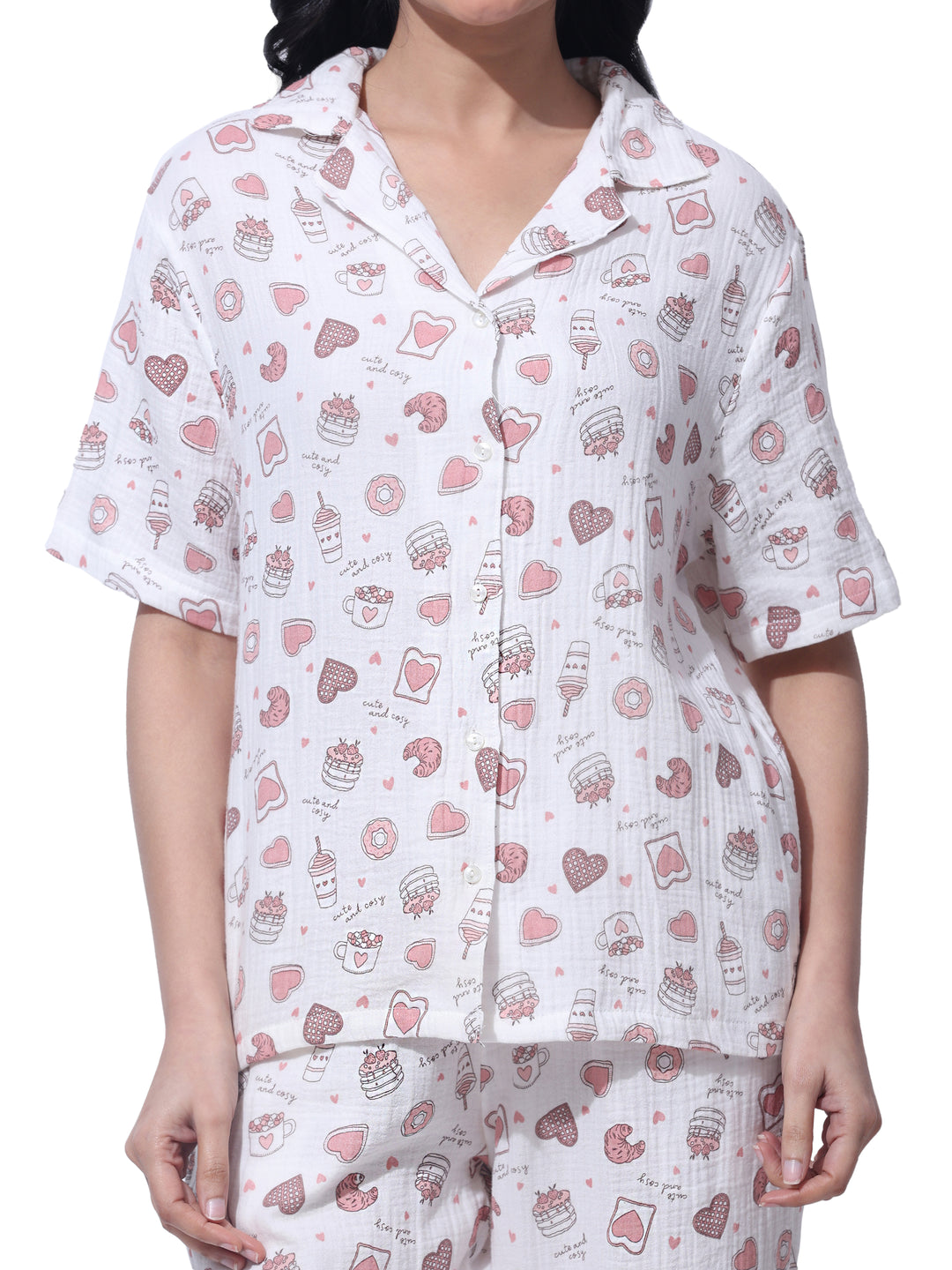 Stylish women’s pajama shirt with notched collar and button closure. Soft printed fabric makes it perfect for relaxing nights and comfortable sleep.