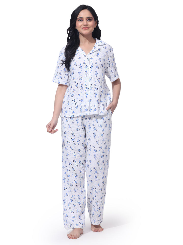 Women's cotton night suit front view – half sleeve top and matching pajama pants with pockets
