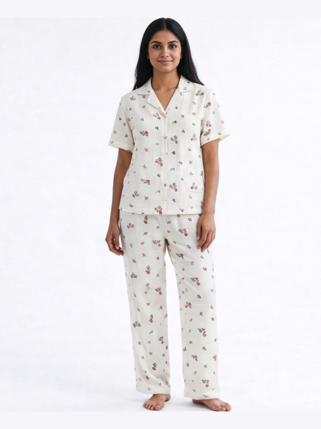 Women's cotton night suit front view – half sleeve top and matching pajama pants with pockets
