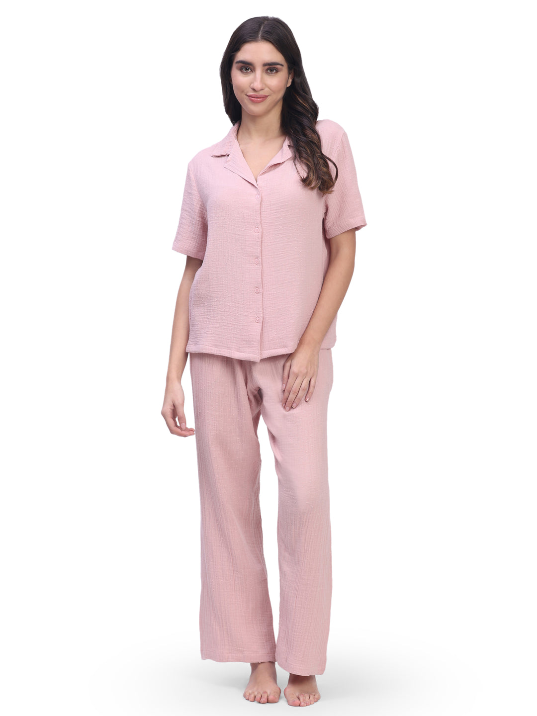 Women's cotton night suit front view – half sleeve top and matching pajama pants with pockets