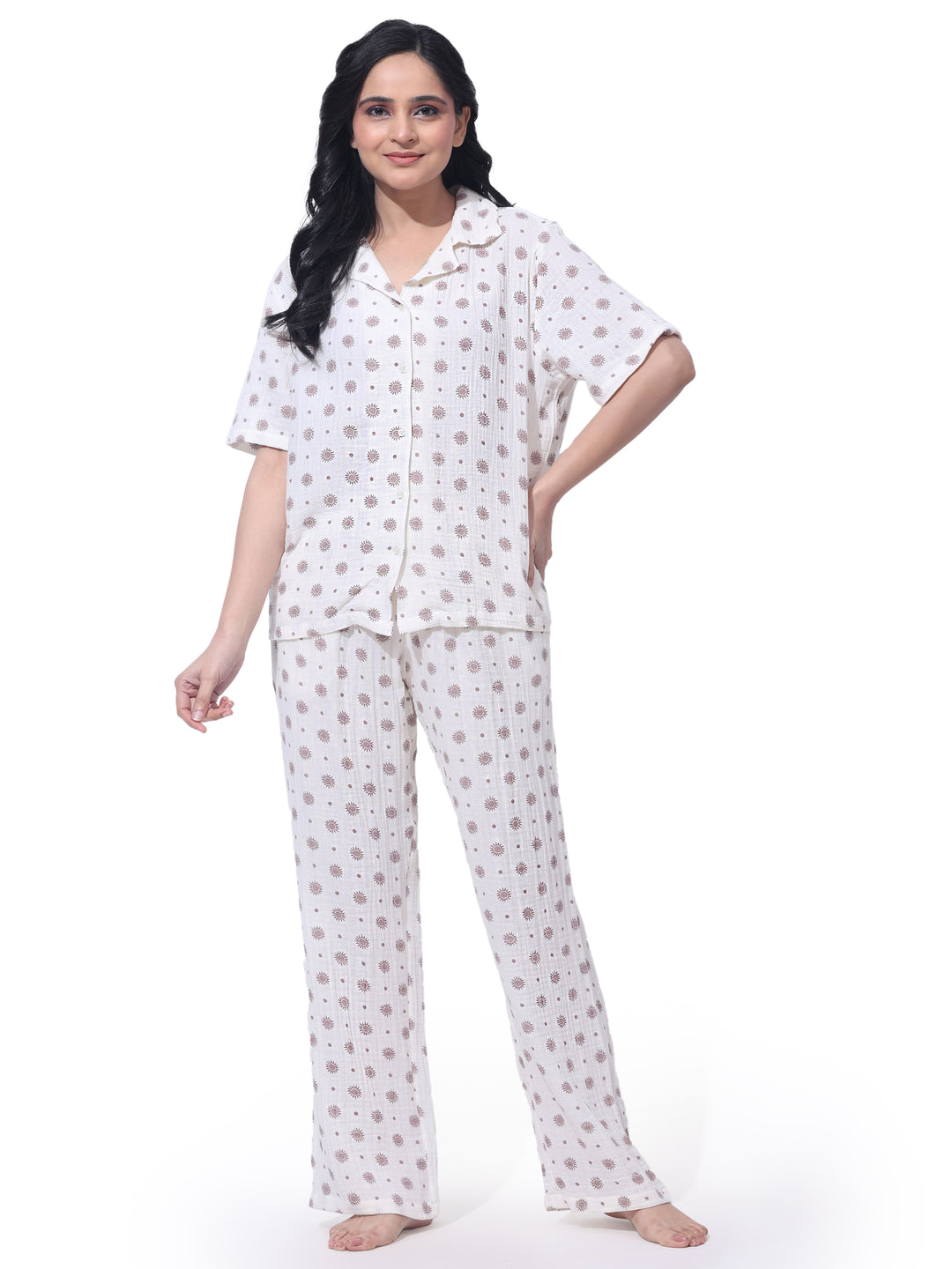 Women's cotton night suit with half sleeve top and matching pajama pants – soft breathable sleepwear set