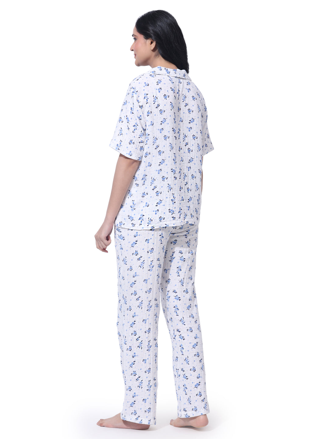 Back view of women's cotton night suit showing relaxed fit and breathable fabric
