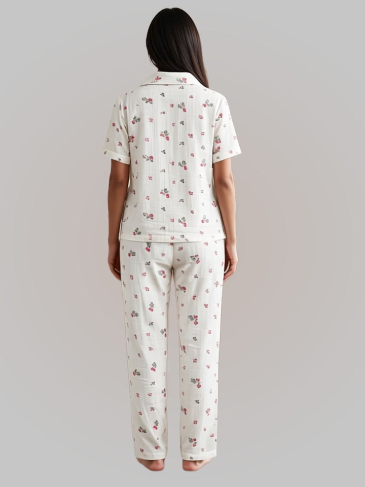 Back view of women's cotton night suit showing relaxed fit and breathable fabric
