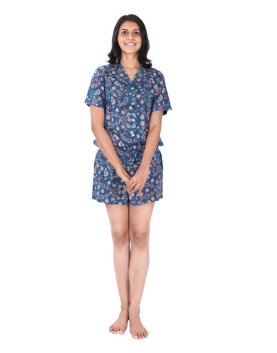 Night Suit Shorty Set for Women-Persian Blue Paisley