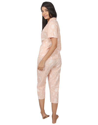 Night Suit Set for Women-Peach Paisley