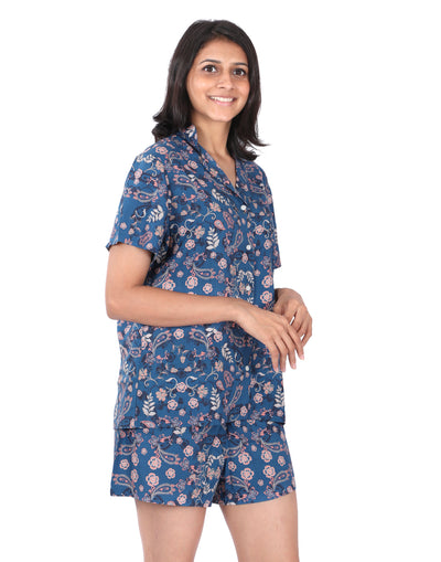 Night Suit Shorty Set for Women-Persian Blue Paisley
