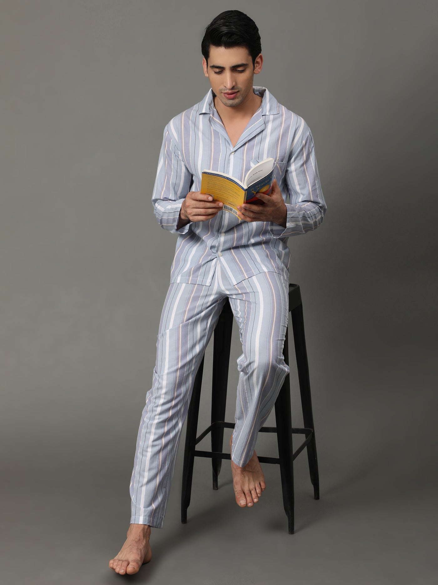 Pyjama Set for Men-Grey Stripes with Gold Lurex