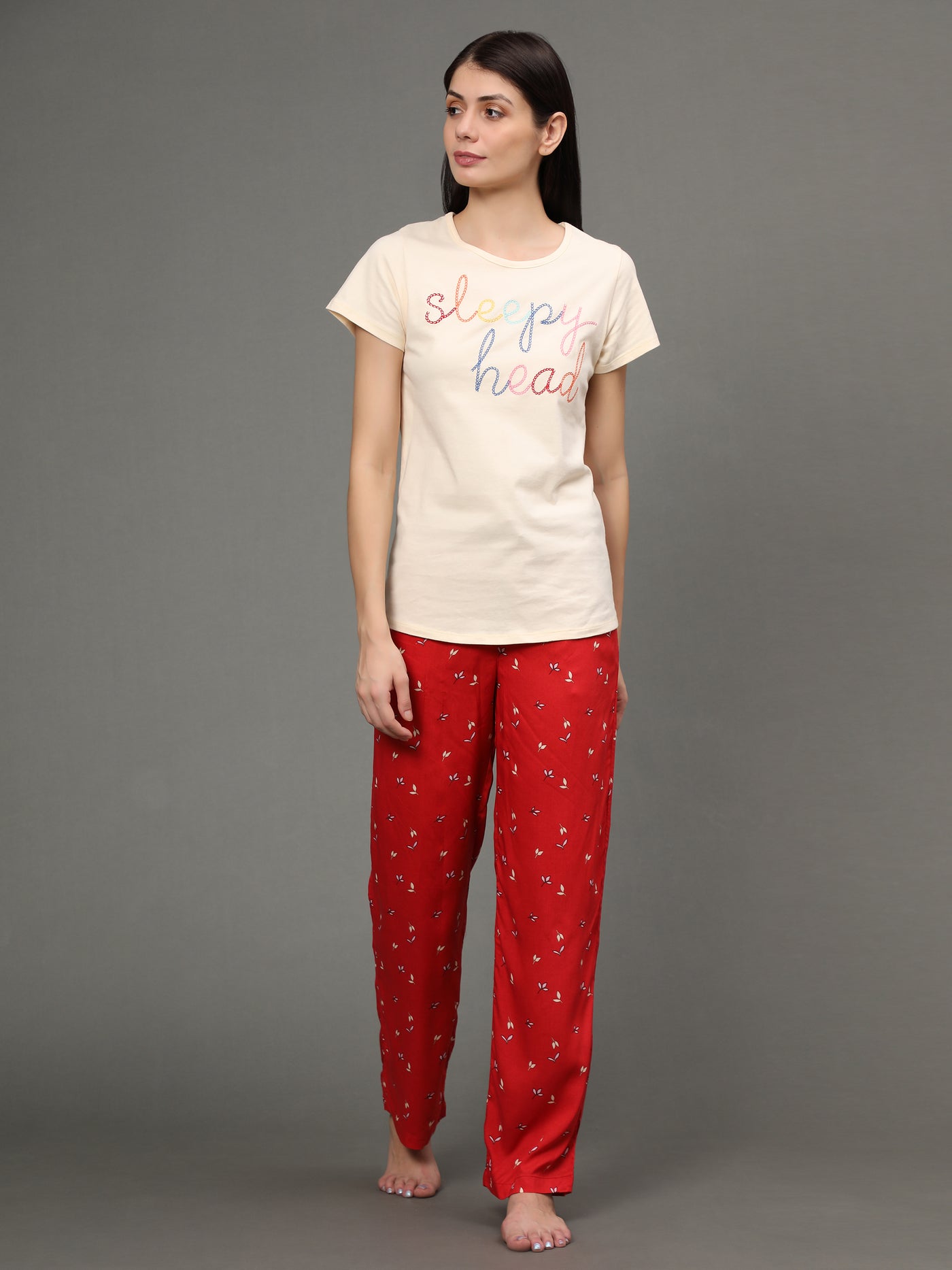 Pyjama Set for Women-Pink T-Shirt & Red Printed Pant