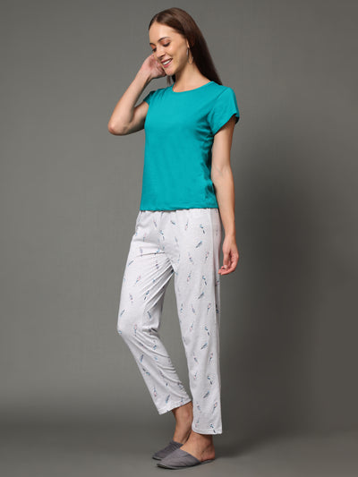 Pyjama Set for Women-Green T-Shirt & Bird Print Pant