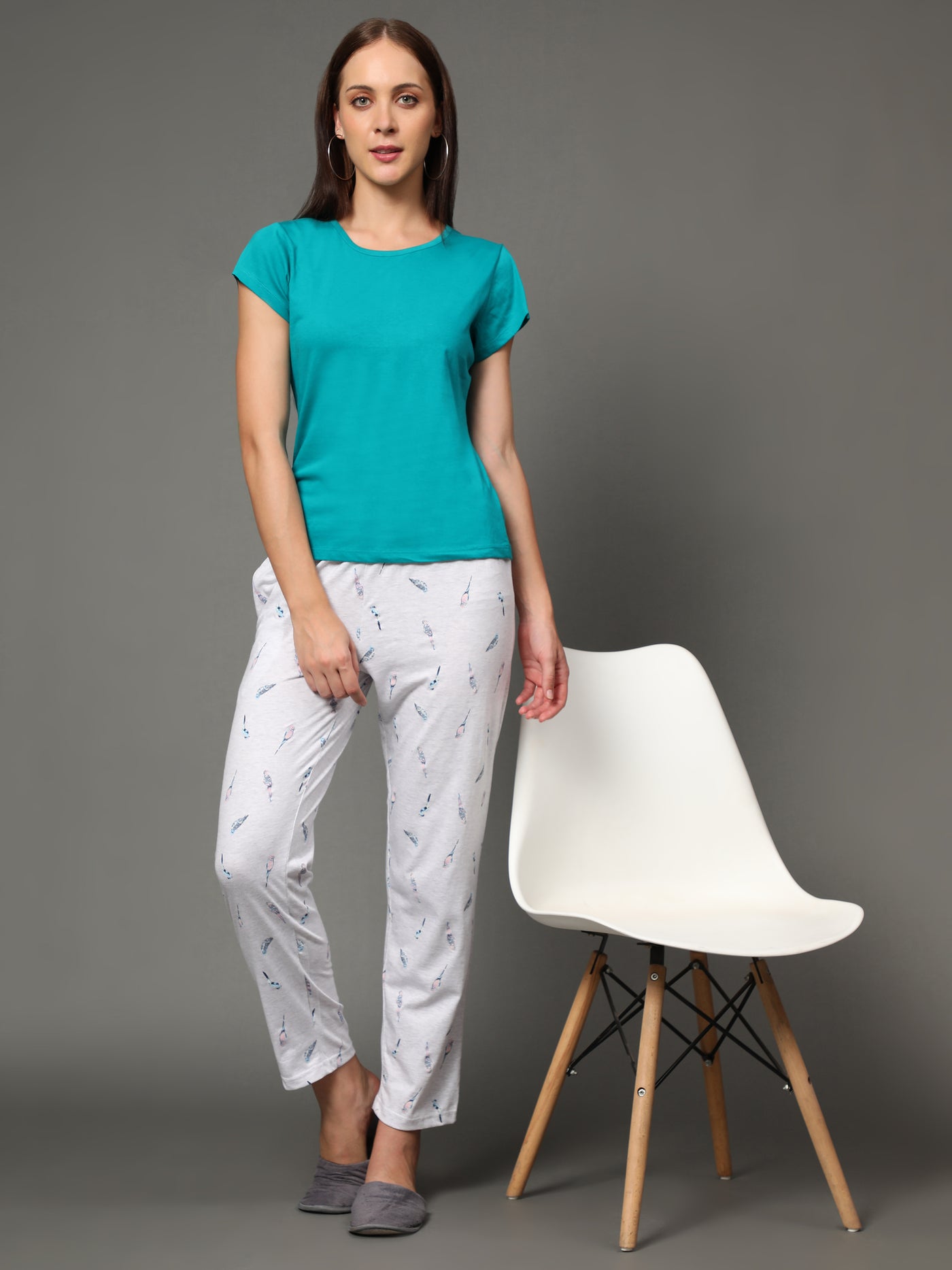 Pyjama Set for Women-Green T-Shirt & Bird Print Pant