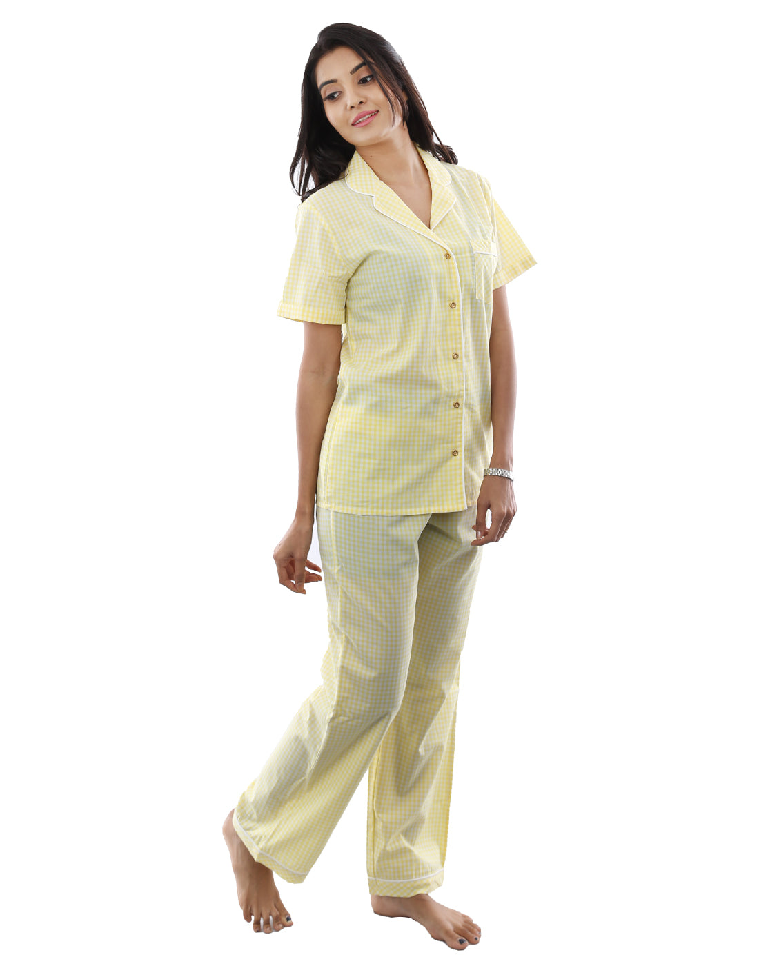 Night Suit Set for Women-Yellow Gingham Checked