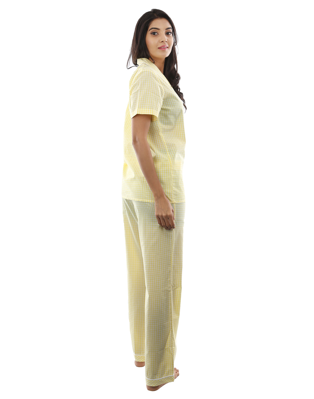 Night Suit Set for Women-Yellow Gingham Checked