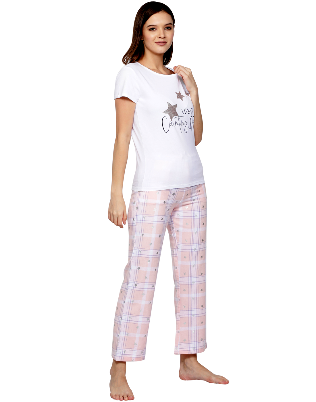 Pyjama Set for Women-Star Sparkle Pink Checked