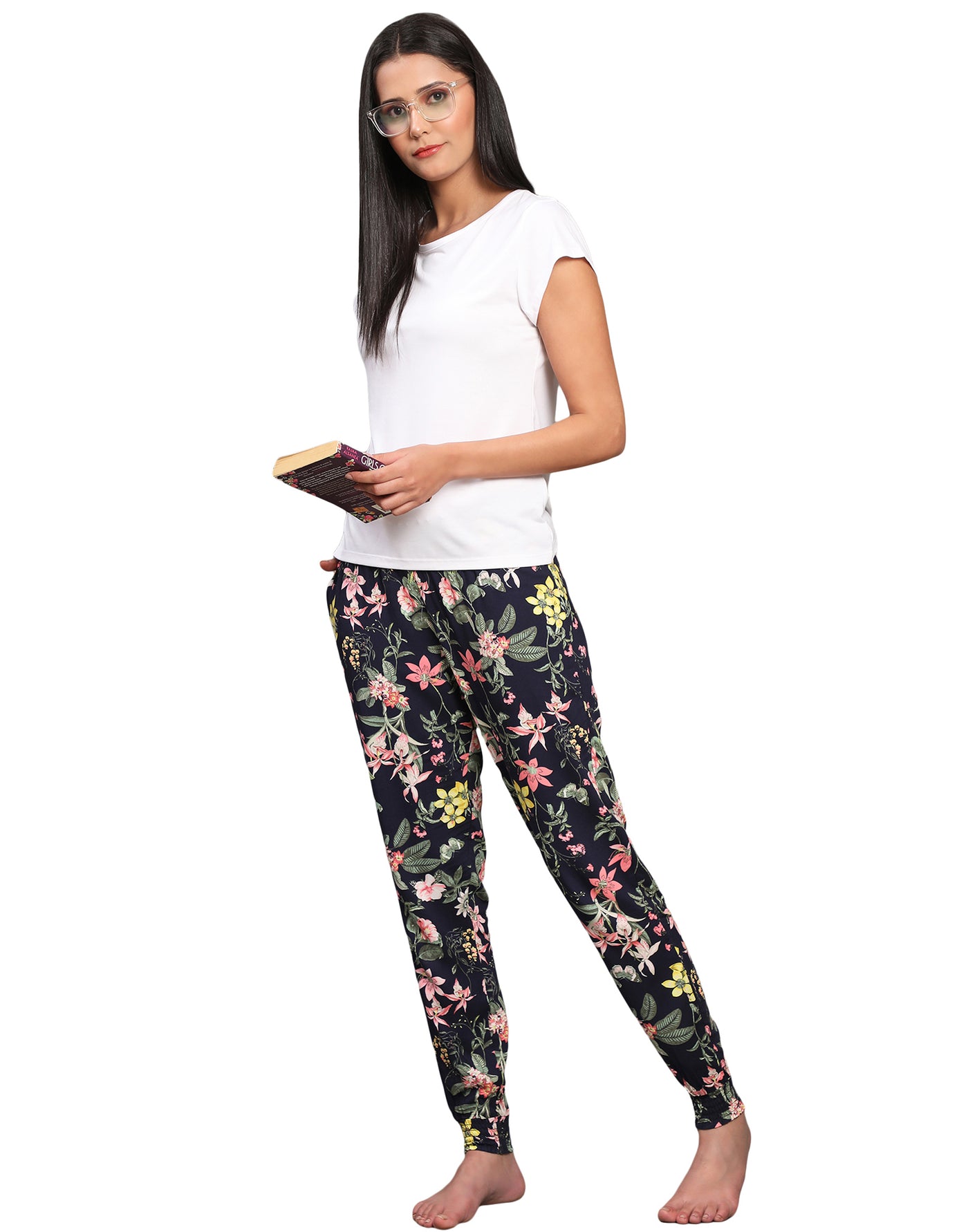 Lounge Pant for Women-Navy Garden Butterfly Print Smocking Pant