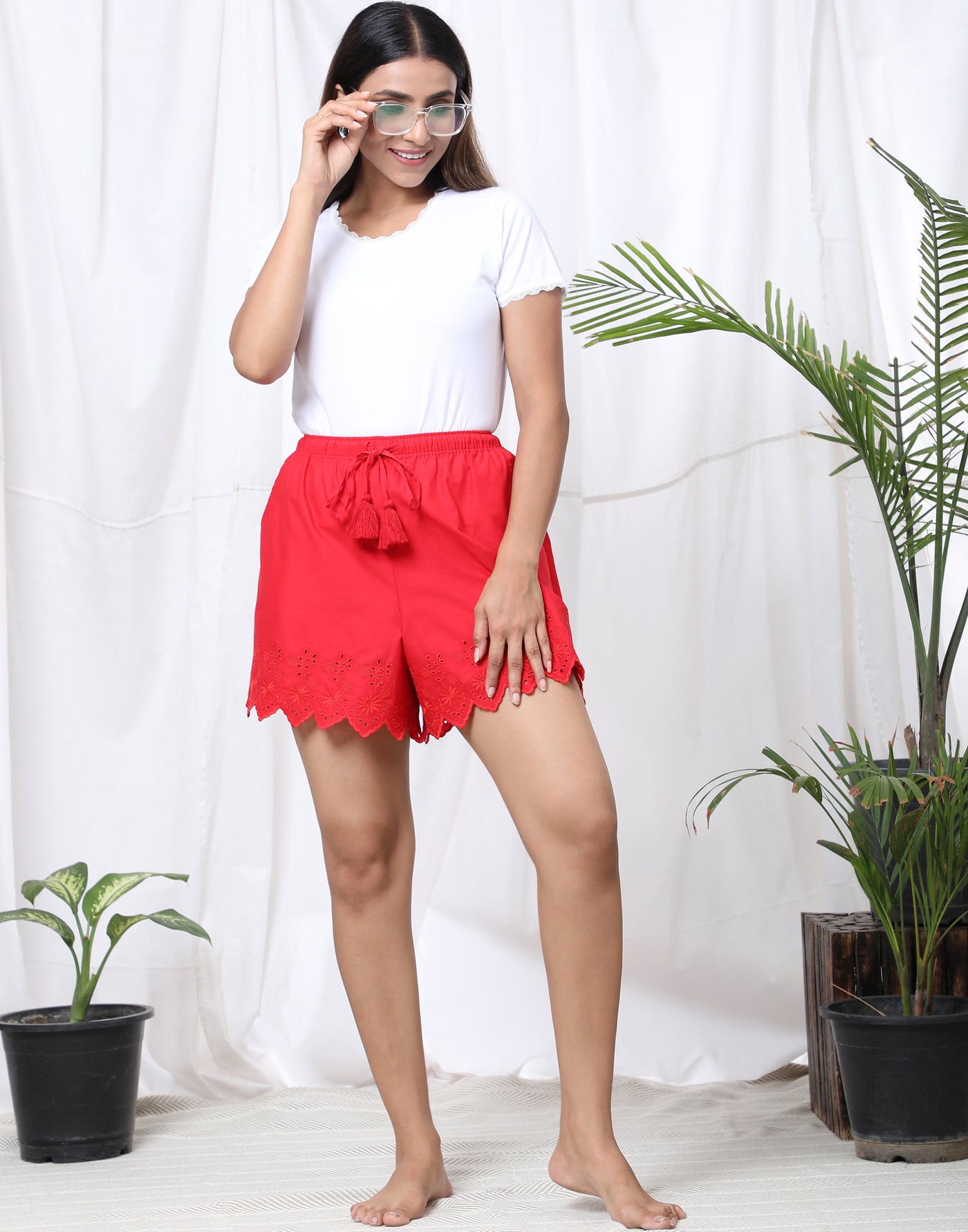 Lounge Shorts for Women-Red Embroidered