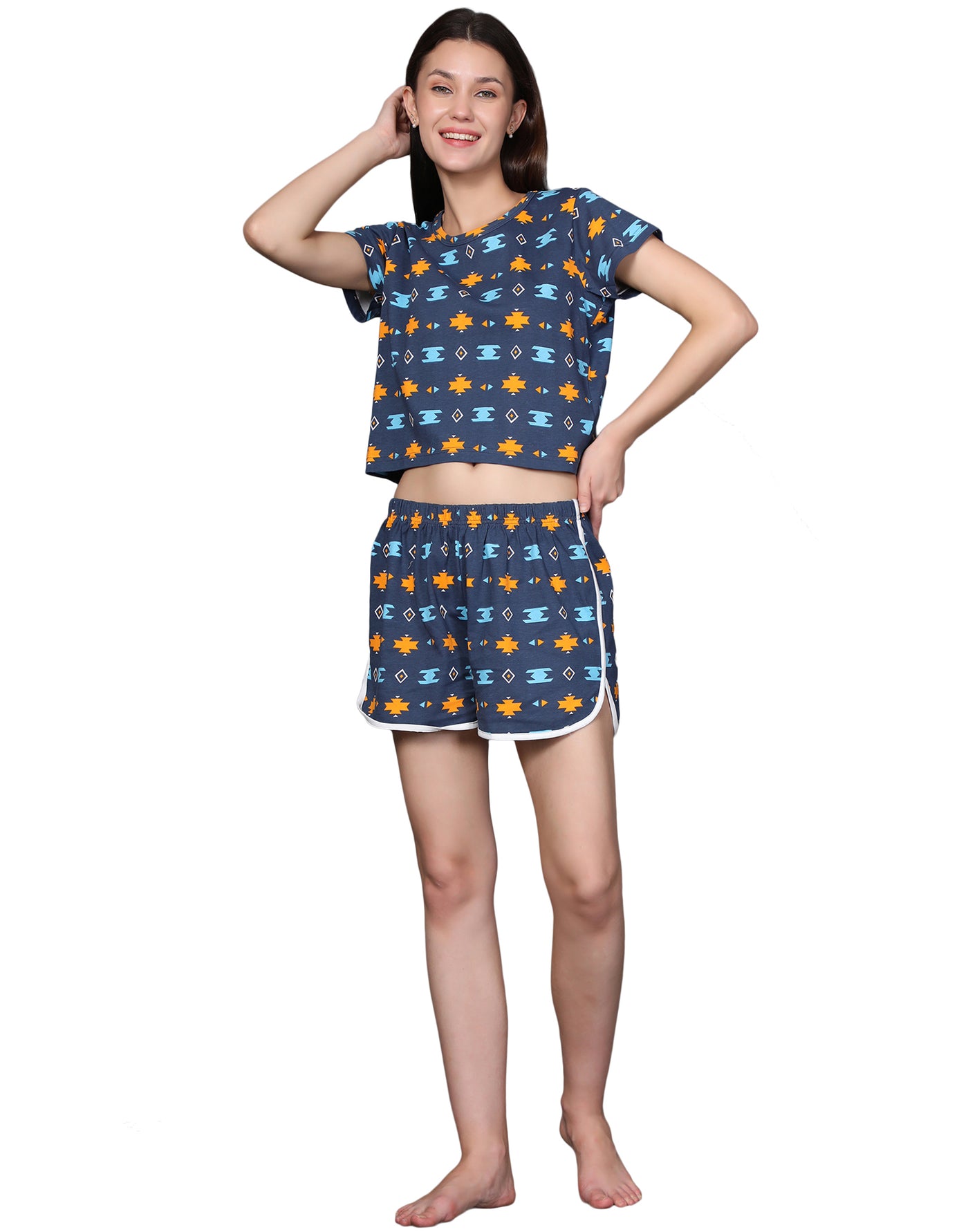 Night Suit Shorty Set for Women - Navy Ekart Print