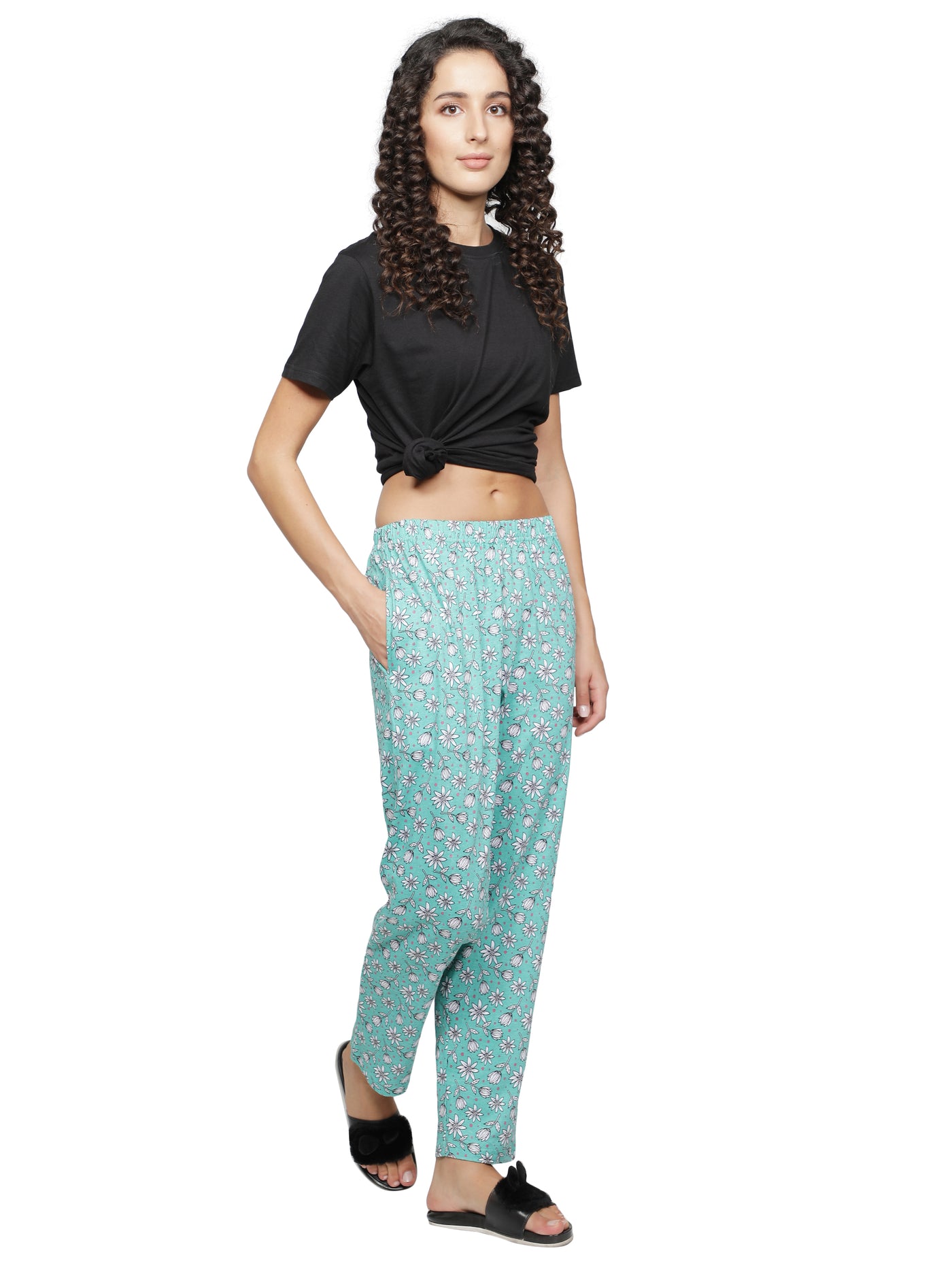 Lounge Pant for Women-Green Floral Print