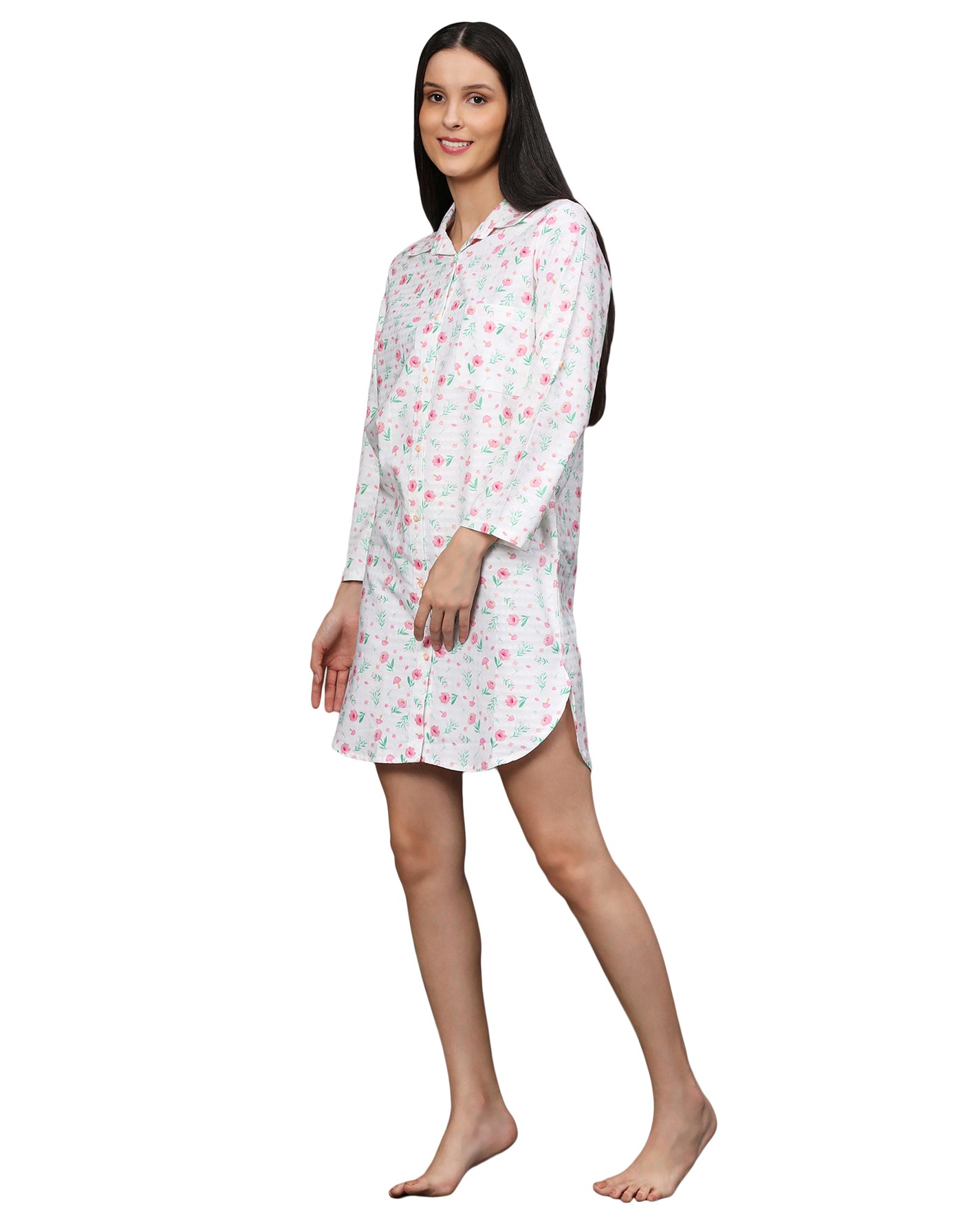 Night Shirt for Women-White Floral Print