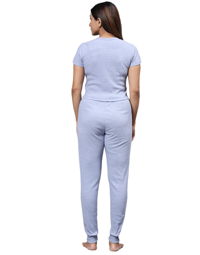 Pyjama Set for Women-Blue Solid Cuffed