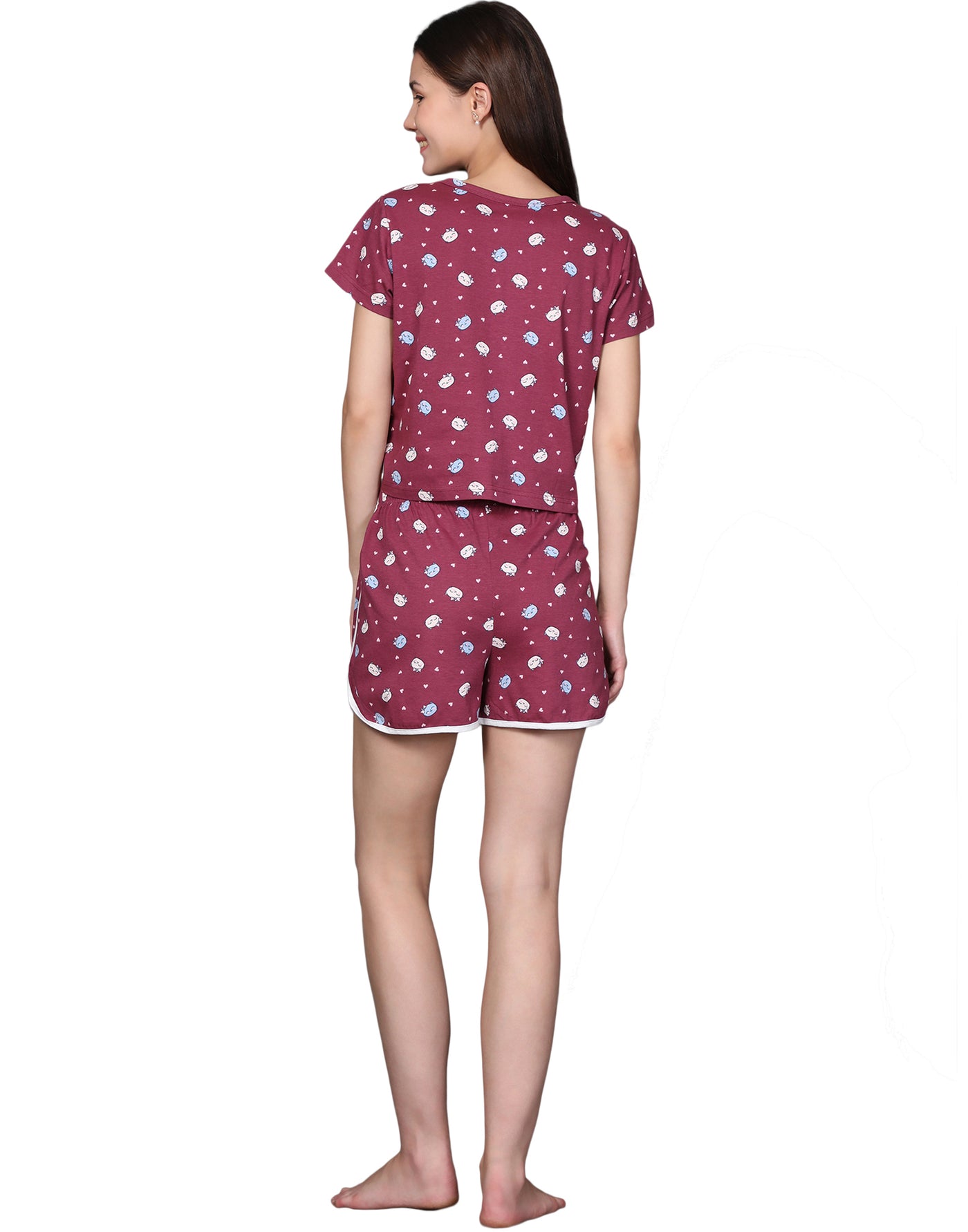 Night Suit Shorty Set for Women-Maroon Cat Print