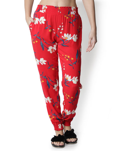Lounge Pant for Women-Red Floral Print Smocking