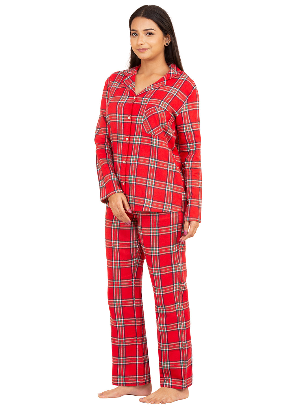 Night Suit Set for Women-Red Checked