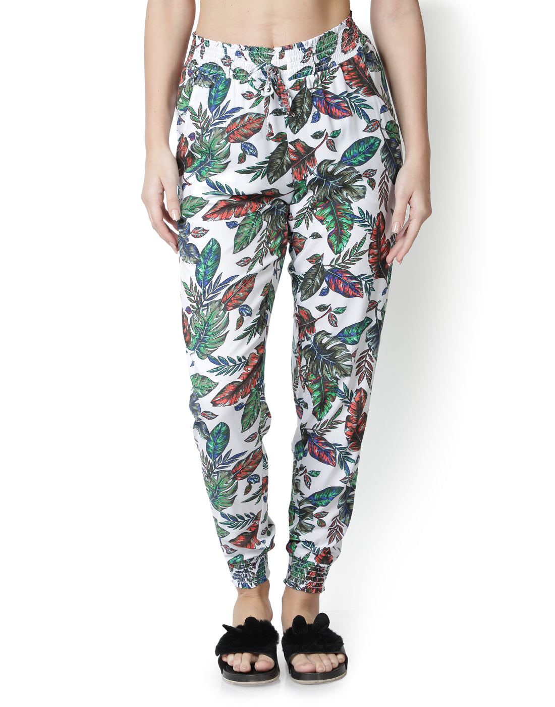 Lounge Pant for Women-Tropical Leaf Print Smocking