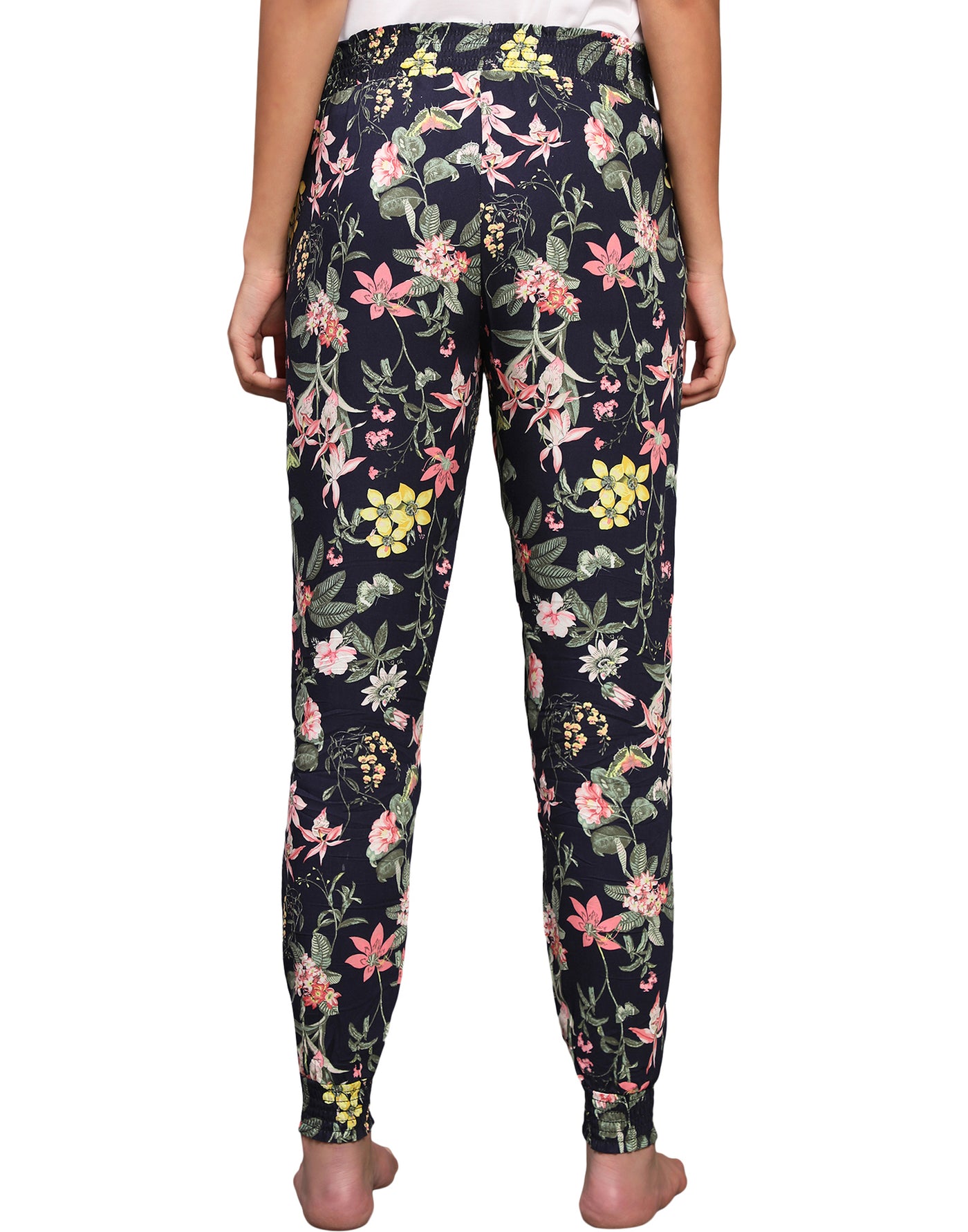 Lounge Pant for Women-Navy Garden Butterfly Print Smocking Pant