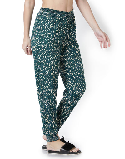 Lounge Pant for Women-Green Marble Print Smocking