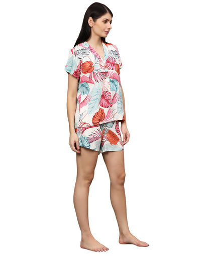 Night Suit Shorty Set for Women-Pink Tropical Leaf