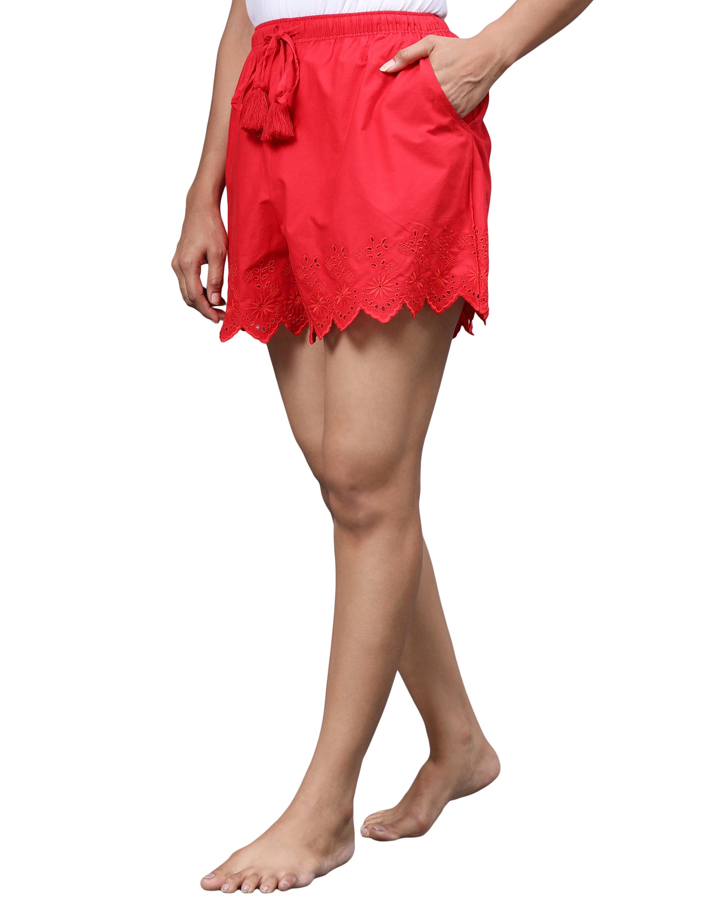 Lounge Shorts for Women-Red Embroidered